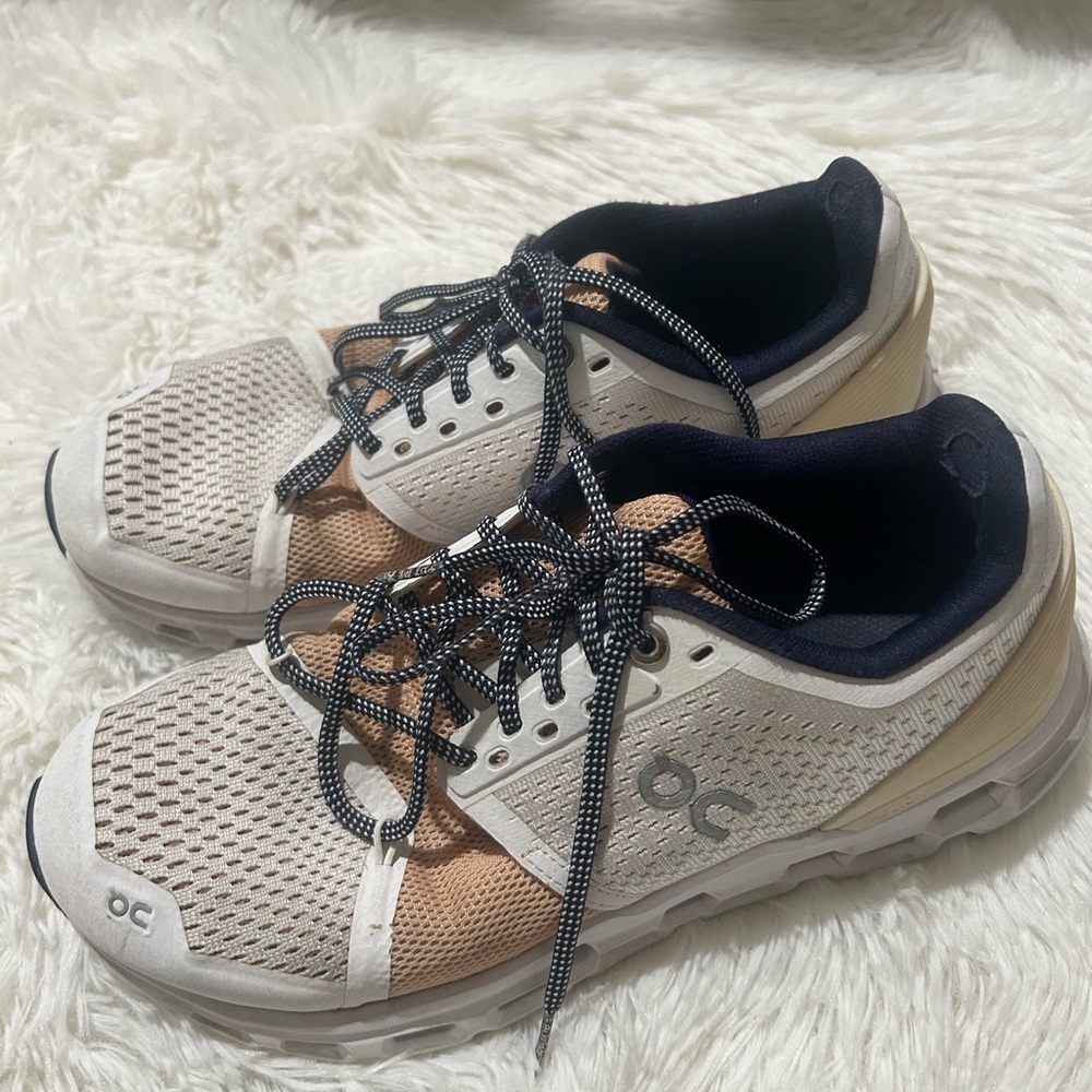 On Running Beige and Navy Sneakers